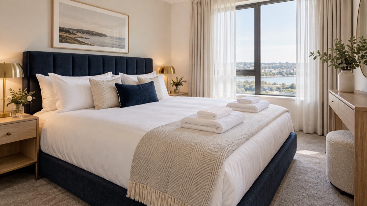 A serviced apartment bedroom presented to hotel standard: white linen, folded towels and a navy headboard, with a view over the water