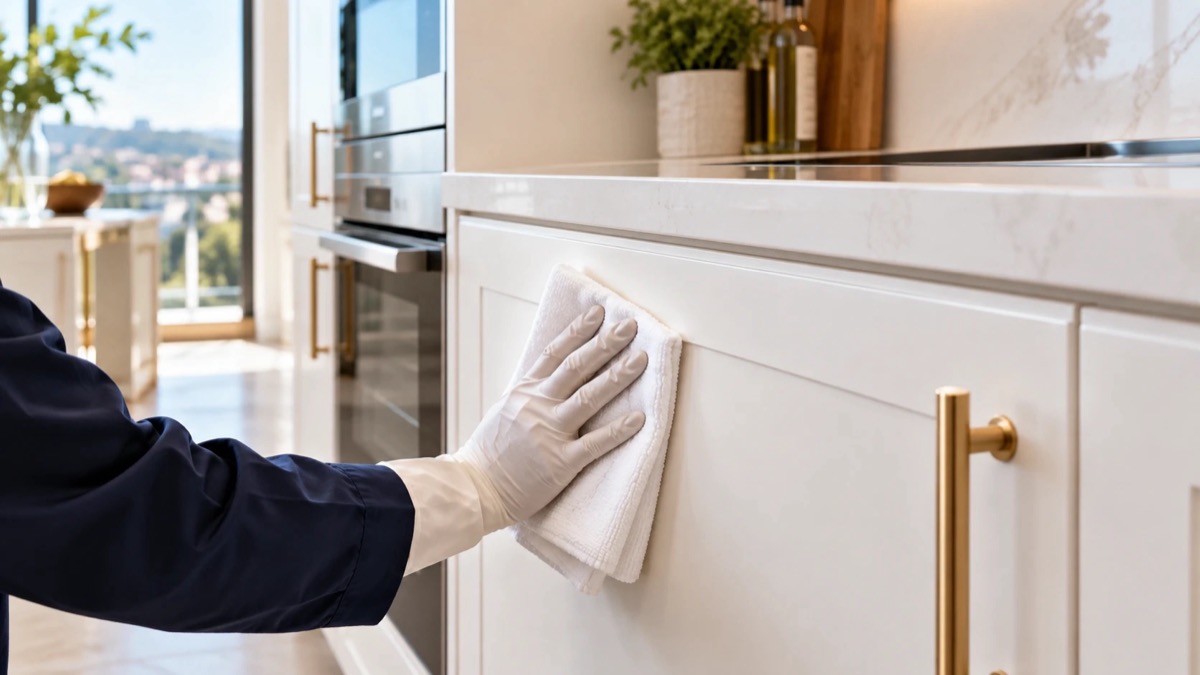A Marinel cleaner in navy uniform wiping a white kitchen cabinet with gold handles in a brand-new apartment