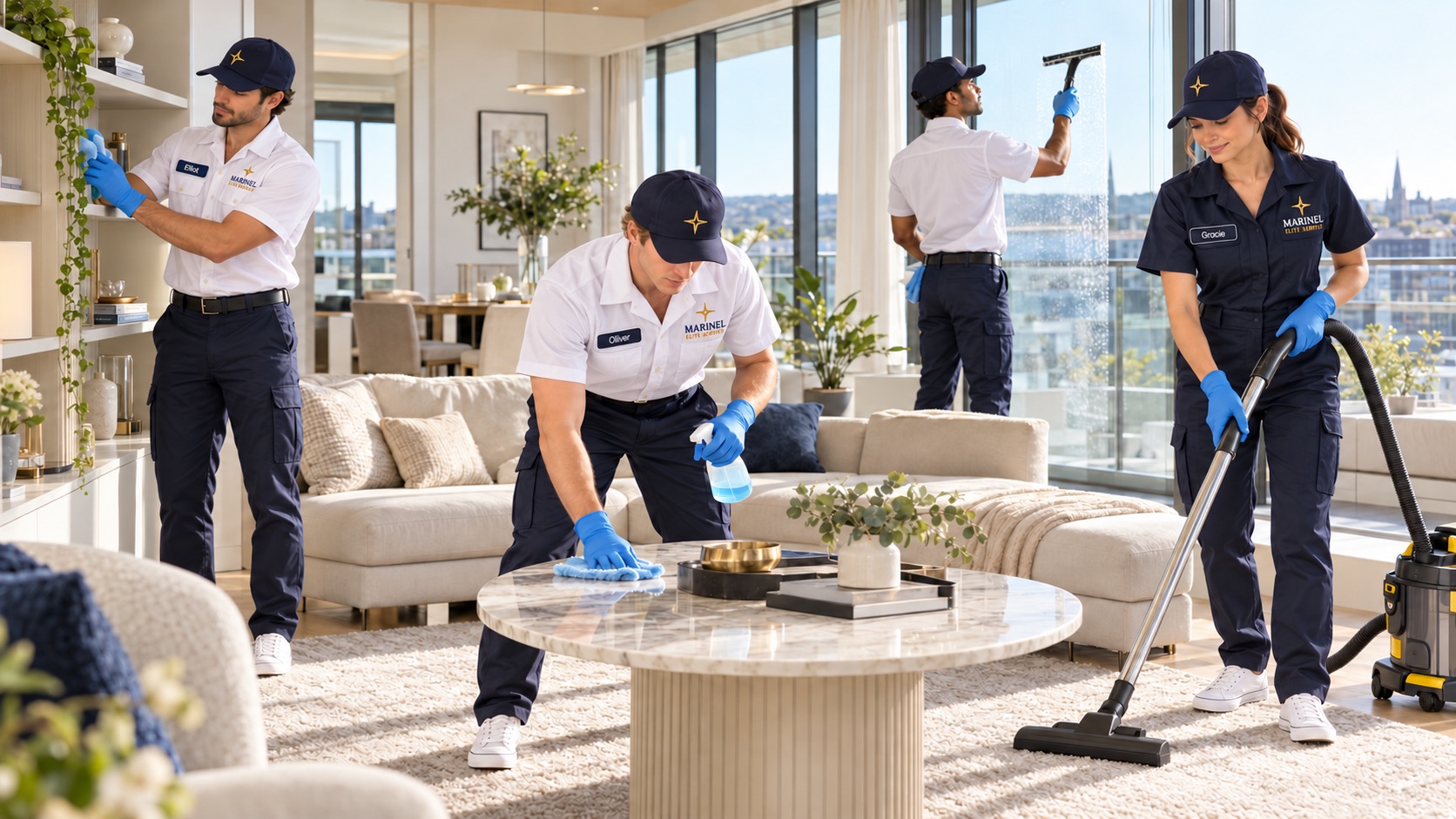 A Marinel team in uniform caring for a bright living room: dusting shelves, wiping a marble table, cleaning the glass and vacuuming the rug