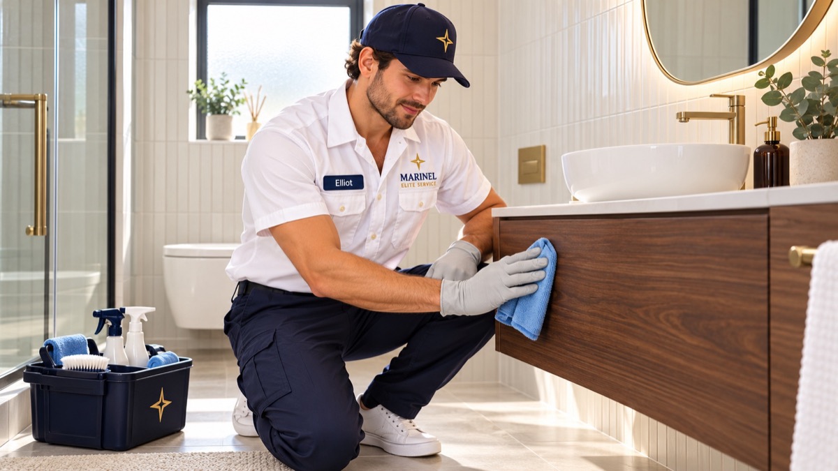 A Marinel team member in uniform kneeling to wipe a walnut bathroom vanity, with a navy Marinel caddy beside him