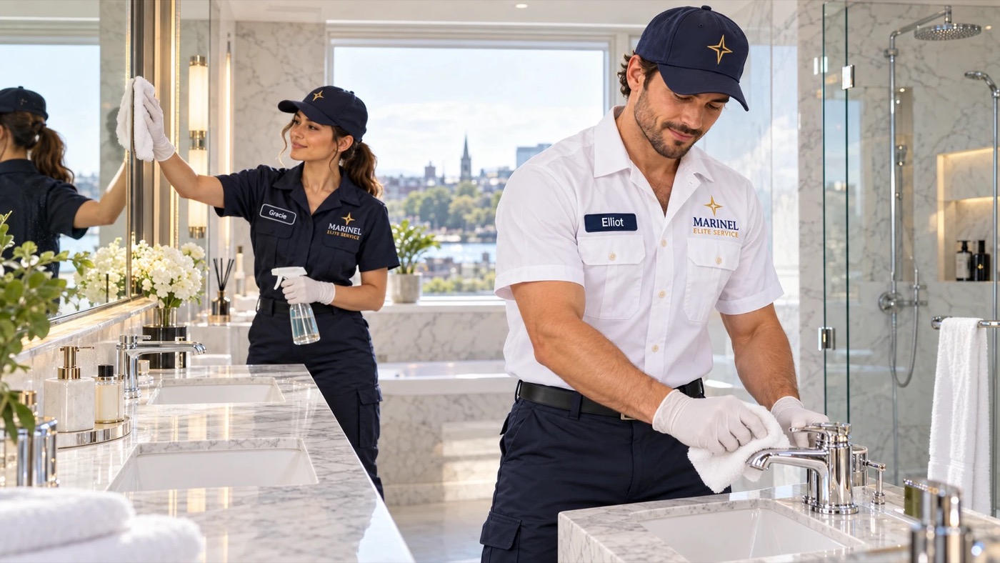 Two Marinel team members in uniform detailing a marble bathroom: one polishing the mirror, one polishing the chrome tap