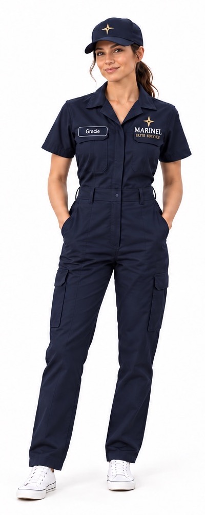 The Marinel everyday uniform: navy overall with gold star and cap
