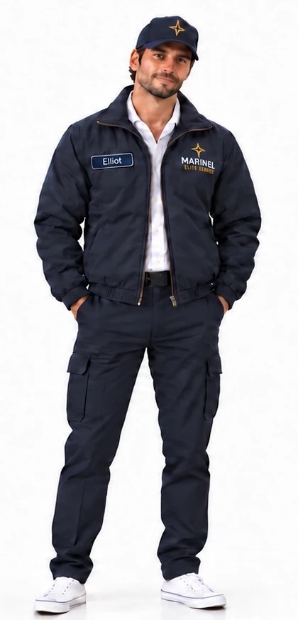 Marinel supervisor uniform: insulated navy jacket with gold star over a white shirt, navy cargo trousers and navy cap