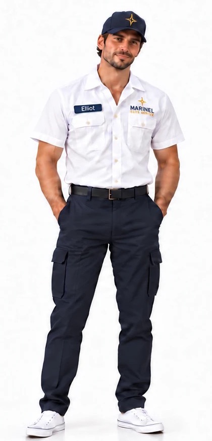 Marinel client-facing uniform: white shirt with gold star, navy cargo trousers and navy cap